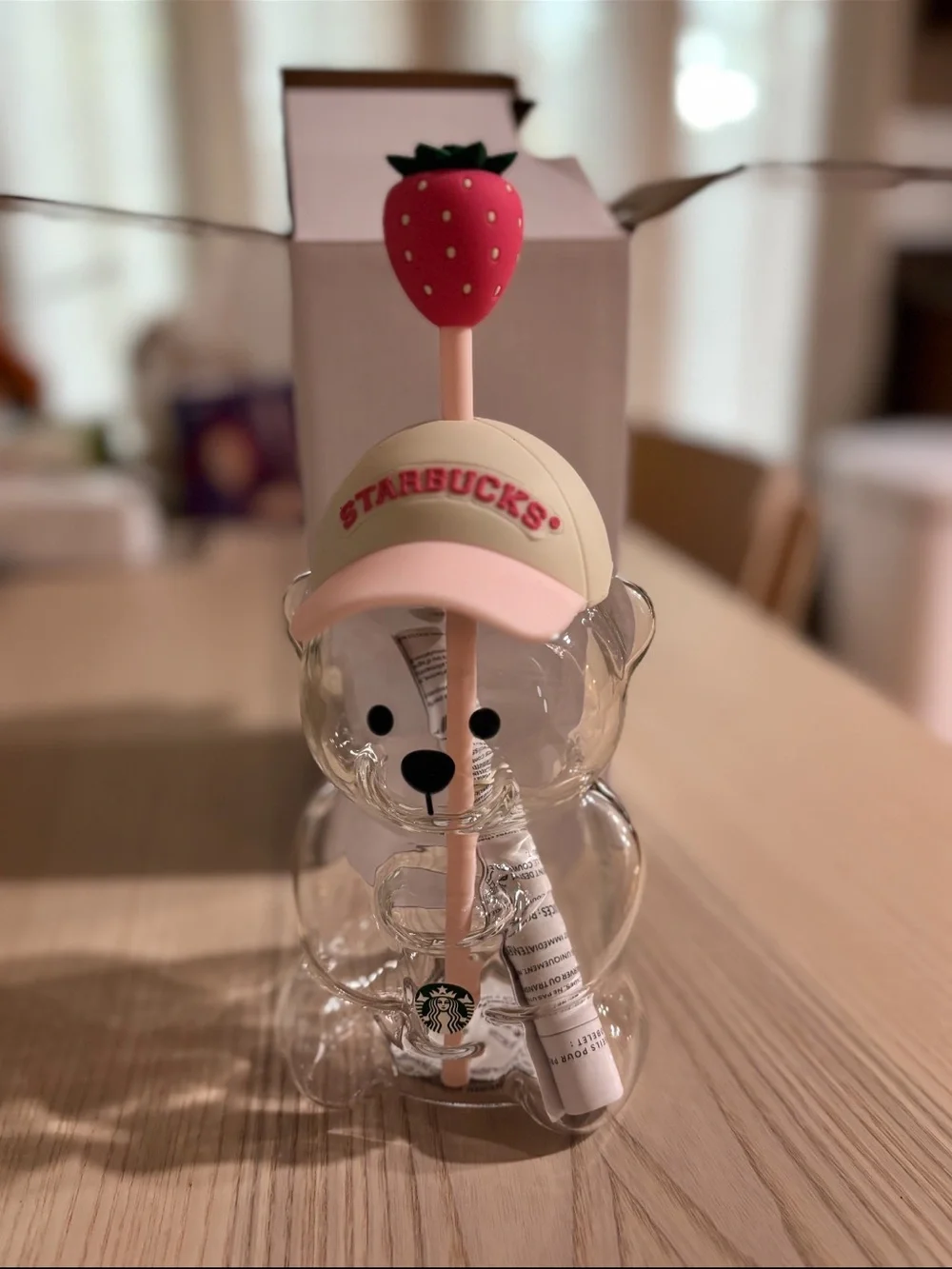 Starbucks Clear Bear Shaped Cup with Pink Strawberry Straw